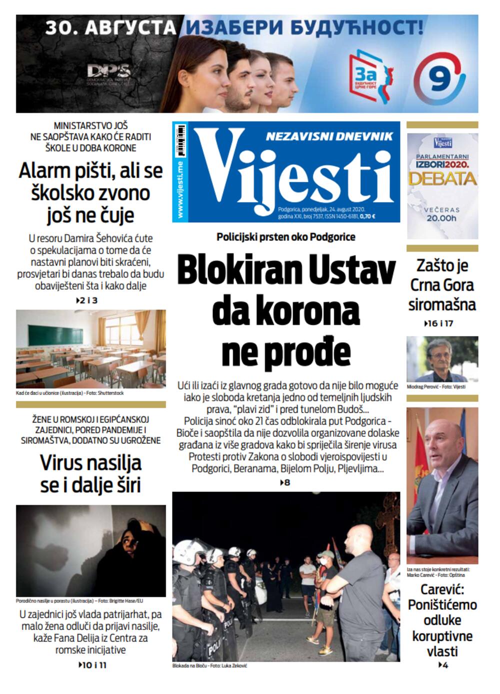 Naslovna strana "Vijesti" za 24. avgust 2020., Foto: Vijesti