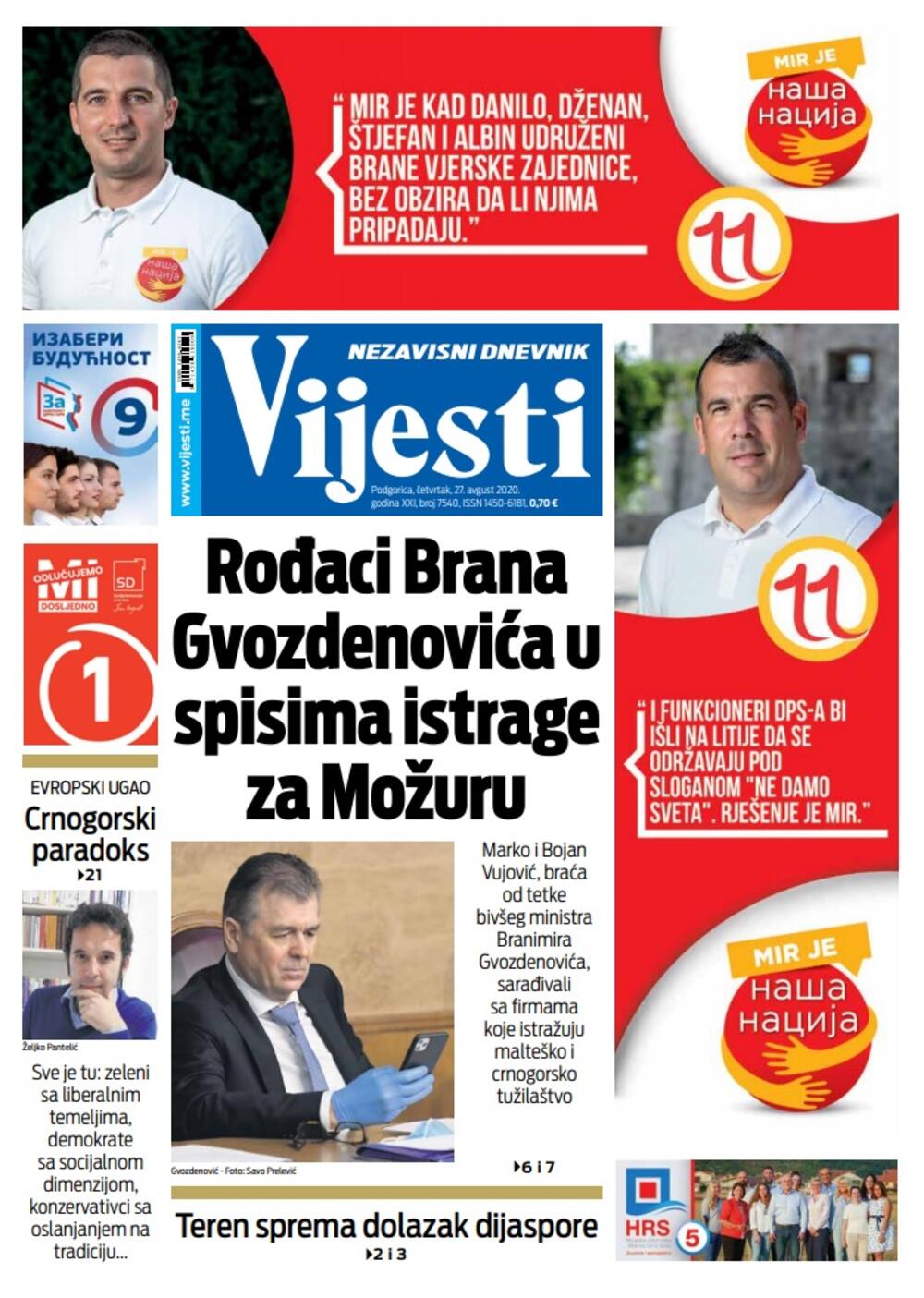 Naslovna strana "Vijesti" za četvrtak  27. avgust 2020. godine, Foto: Vijesti