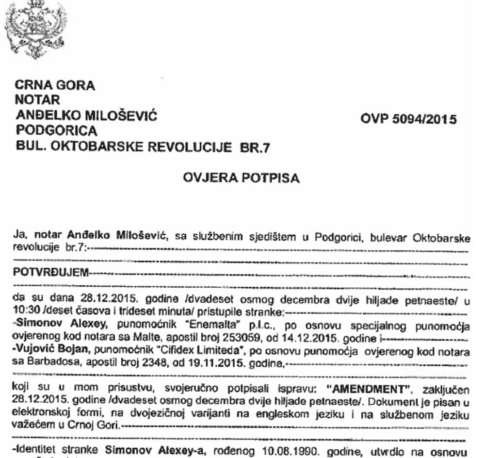 Notarski zapis o ugovoru između “Cifidexa” i “Enemalte”, kojeg je potpisao Vujović