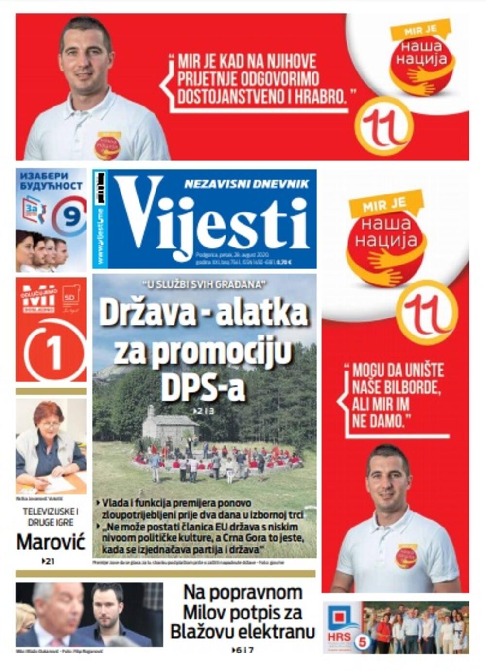 Naslovna strana "Vijesti" za petak 28. avgust 2020. godine, Foto: Vijesti