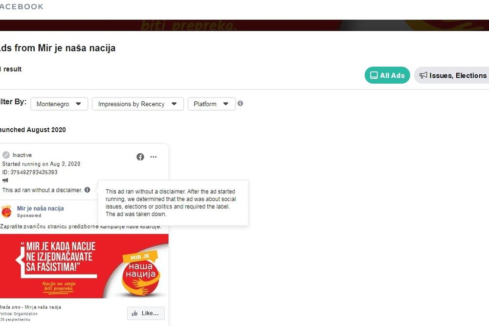 Obrisan oglas zbog nepoštovanja pravila, Foto: Fejsbuk