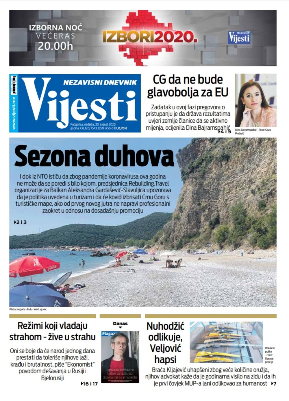 Naslovna strana "Vijesti" za 30. avgust, Foto: Vijesti