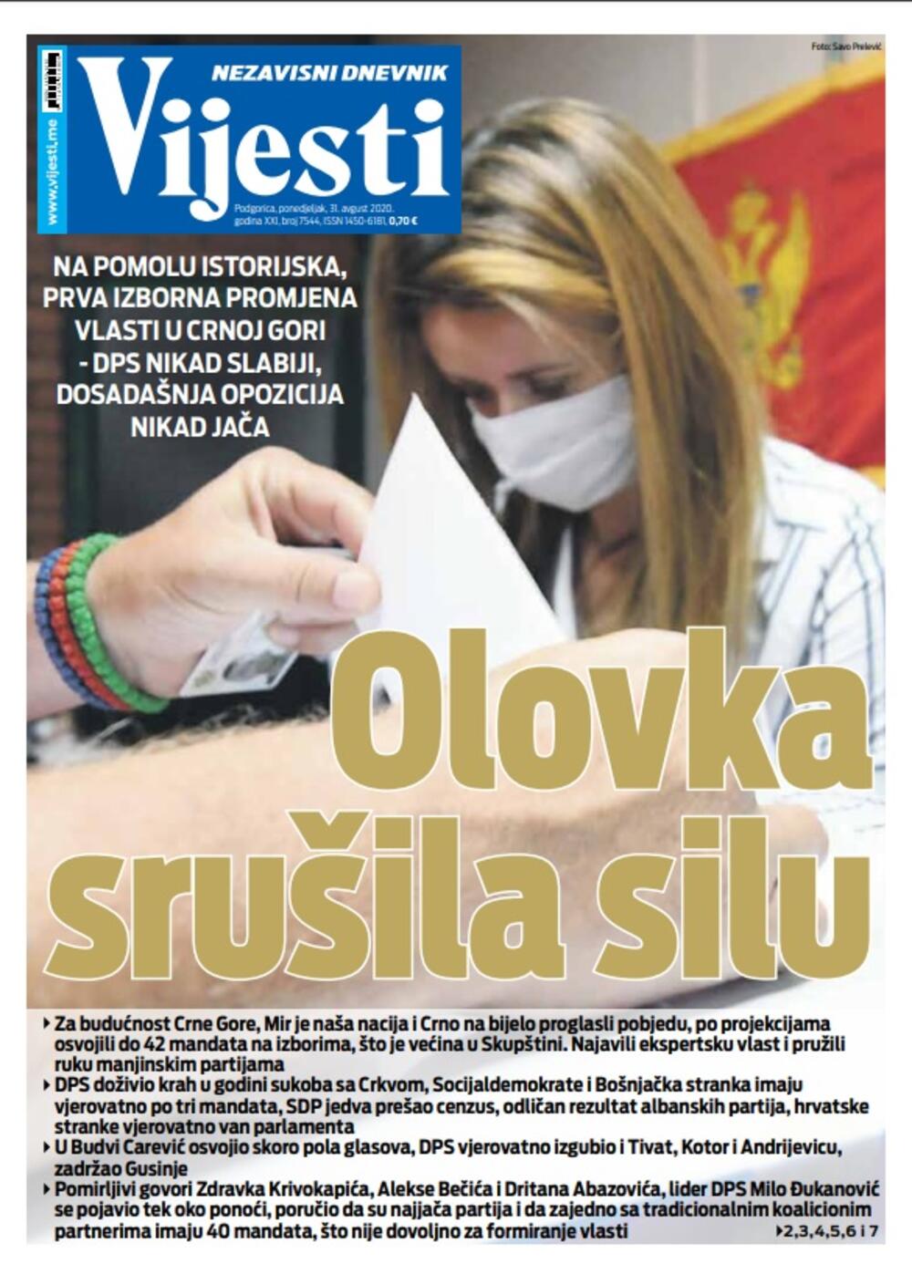 Naslovna strana "Vijesti" za 31. avgust, Foto: Vijesti