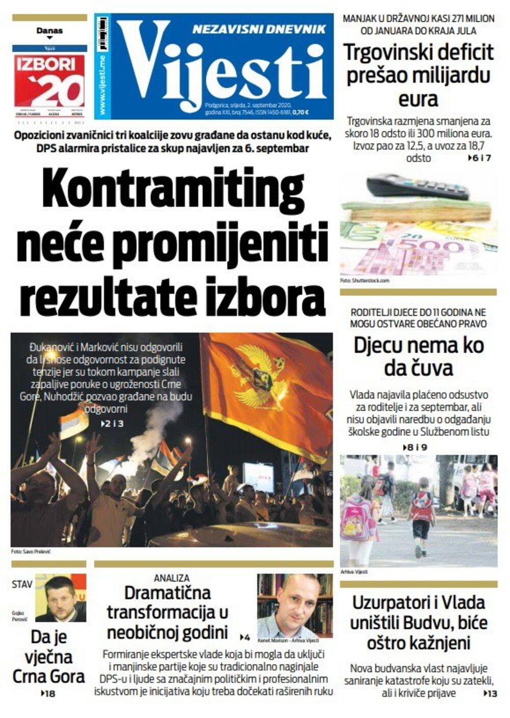 Naslovna strana "Vijesti" za srijedu 2. septembar 2020. godine, Foto: Vijesti