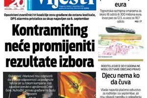 Naslovna strana "Vijesti" za srijedu 2. septembar 2020. godine