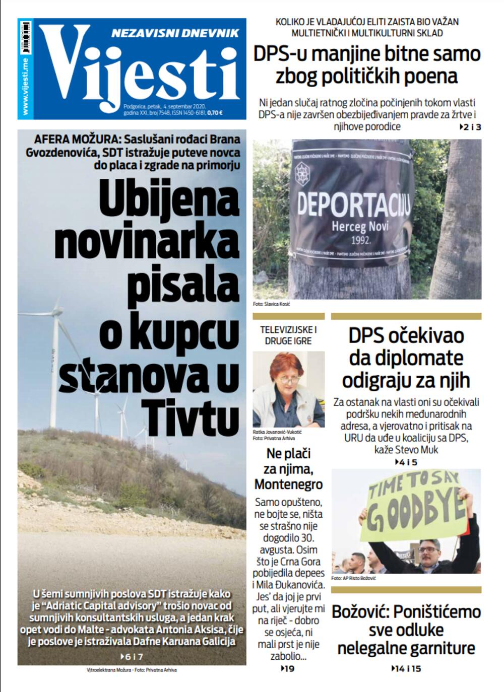 Naslovna strana "Vijesti" za četvrti septembar, Foto: Vijesti