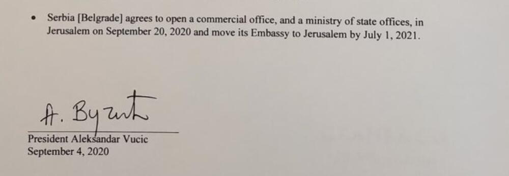 Posljednja tačka dokumenta, koja se odnosi na preseljenje ambasade u Jerusalim, koji je potpisao Vučić