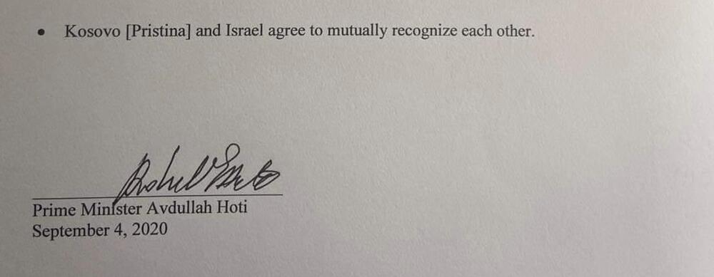 Posljednja tačka dokumenta koji je potpisao Hoti podrazumijeva priznanje države Izrael