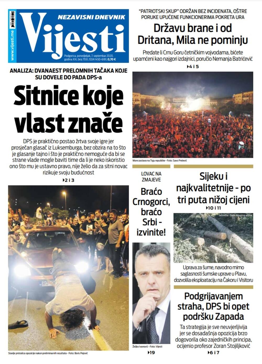 Naslovna strana "Vijesti" za 7. septembar 2020., Foto: Vijesti