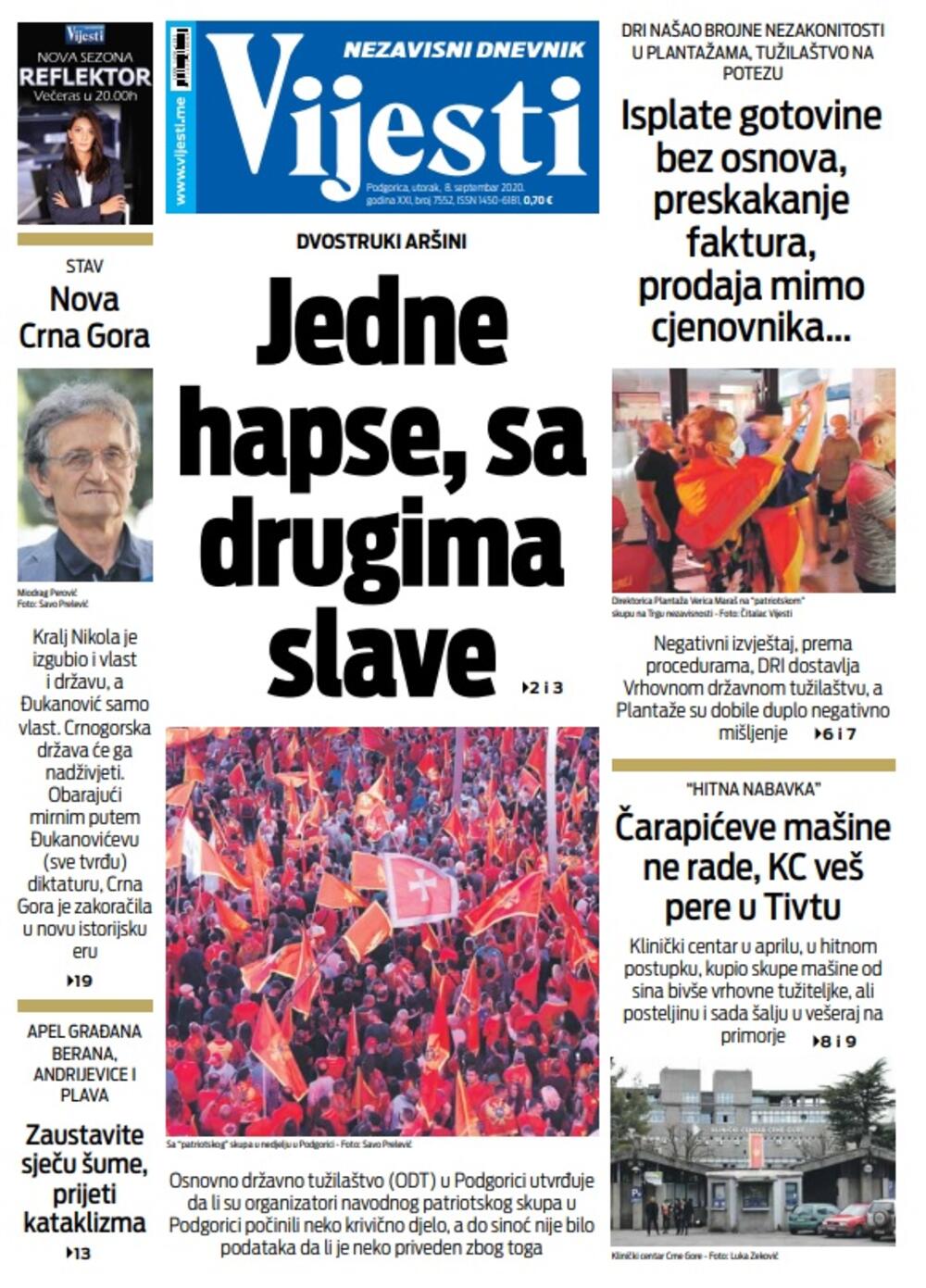 Naslovna strana "Vijesti" za utorak 8. septembar 2020. godine, Foto: Vijesti