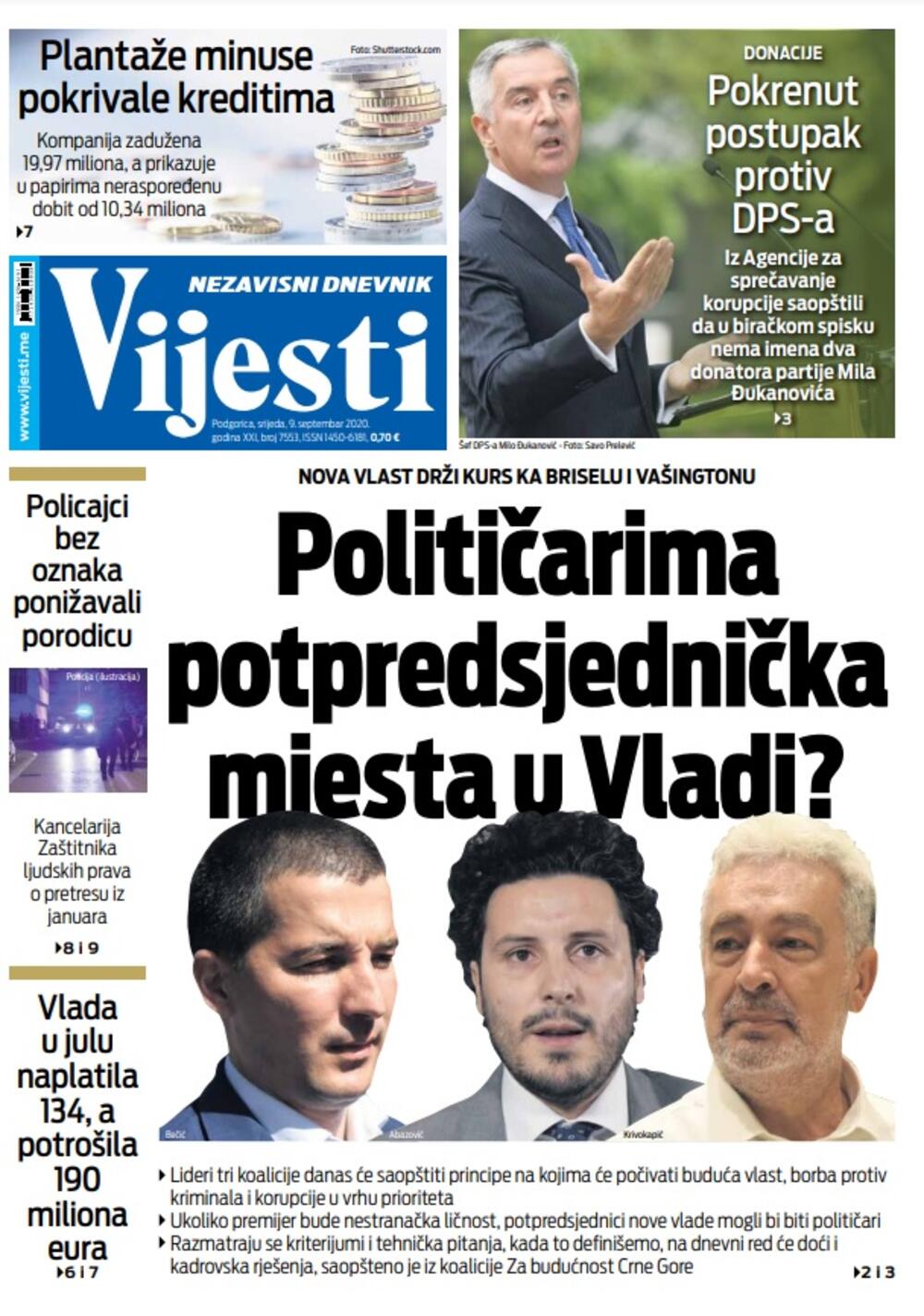 Naslovna strana "Vijesti" za utorak 8. septembar 2020. godine, Foto: Vijesti