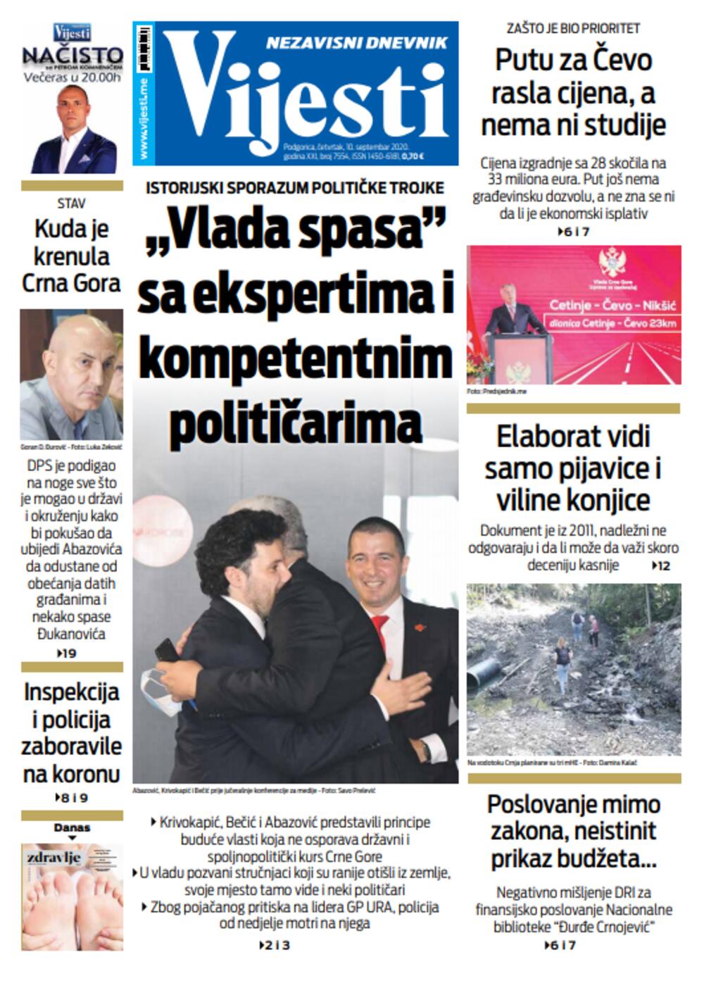Naslovna strana "Vijesti" za deseti septembar, Foto: Vijesti