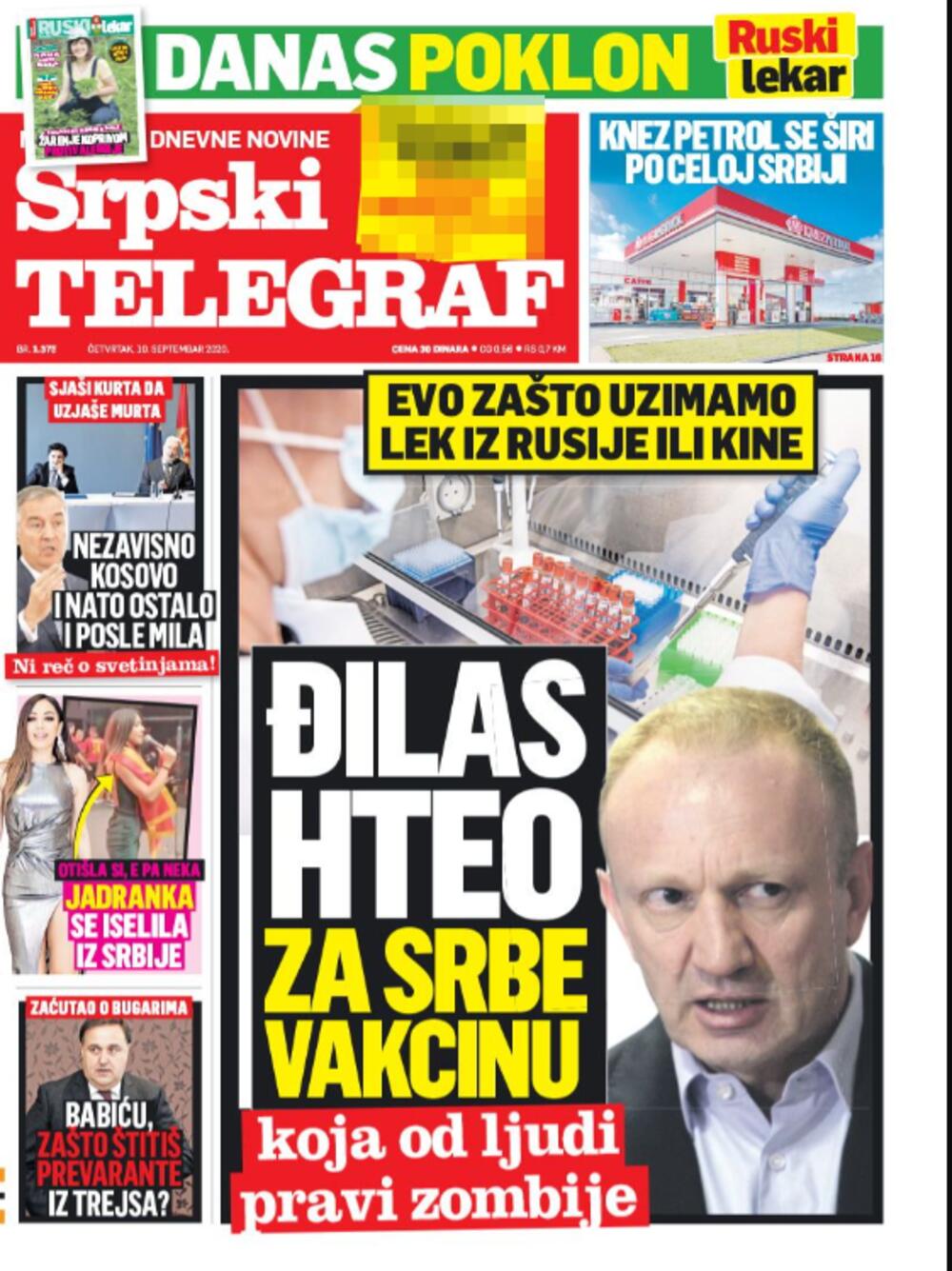 Naslovnica današnjeg izdanja 'Srpskog telegrafa'