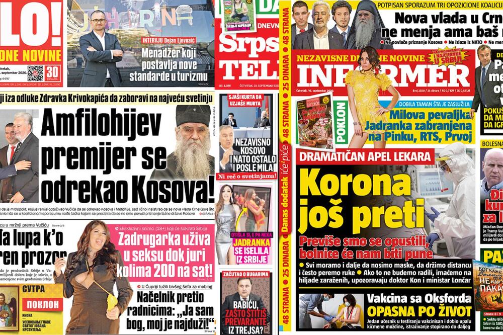 Naslovnice "Informera", "Srpskog telegrafa" i tabloida "Alo"
