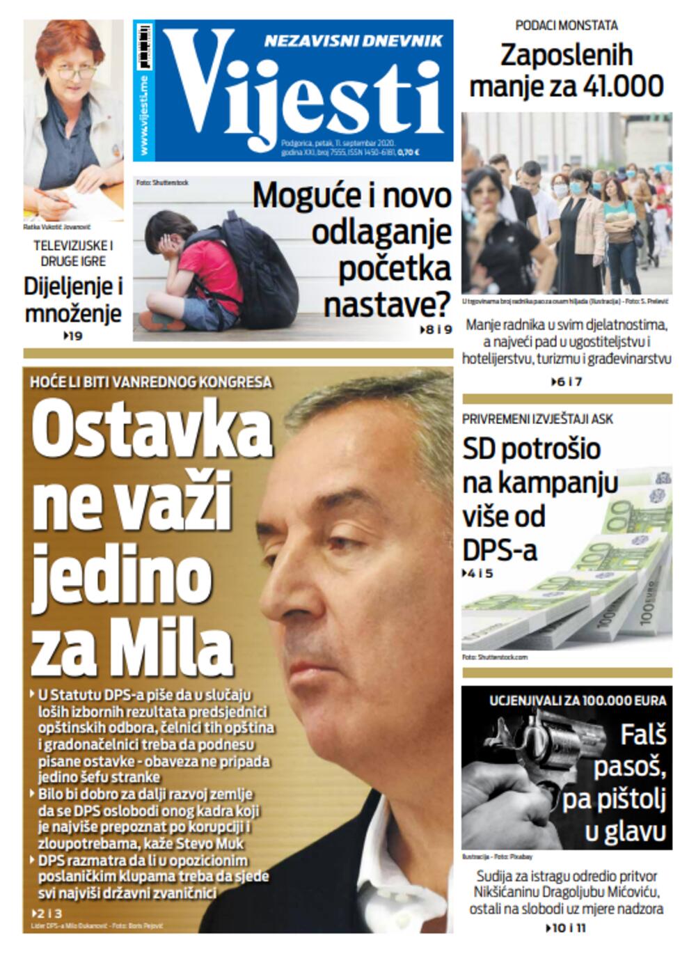 Naslovna strana "Vijesti" za 11. septembar, Foto: Vijesti