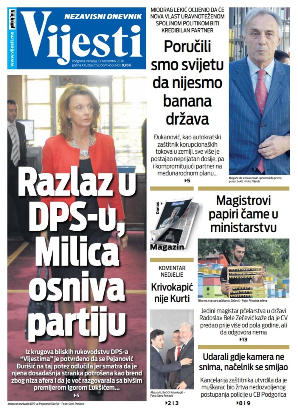 Naslovna strana "Vijesti" za 13. septembar 2020., Foto: Vijesti