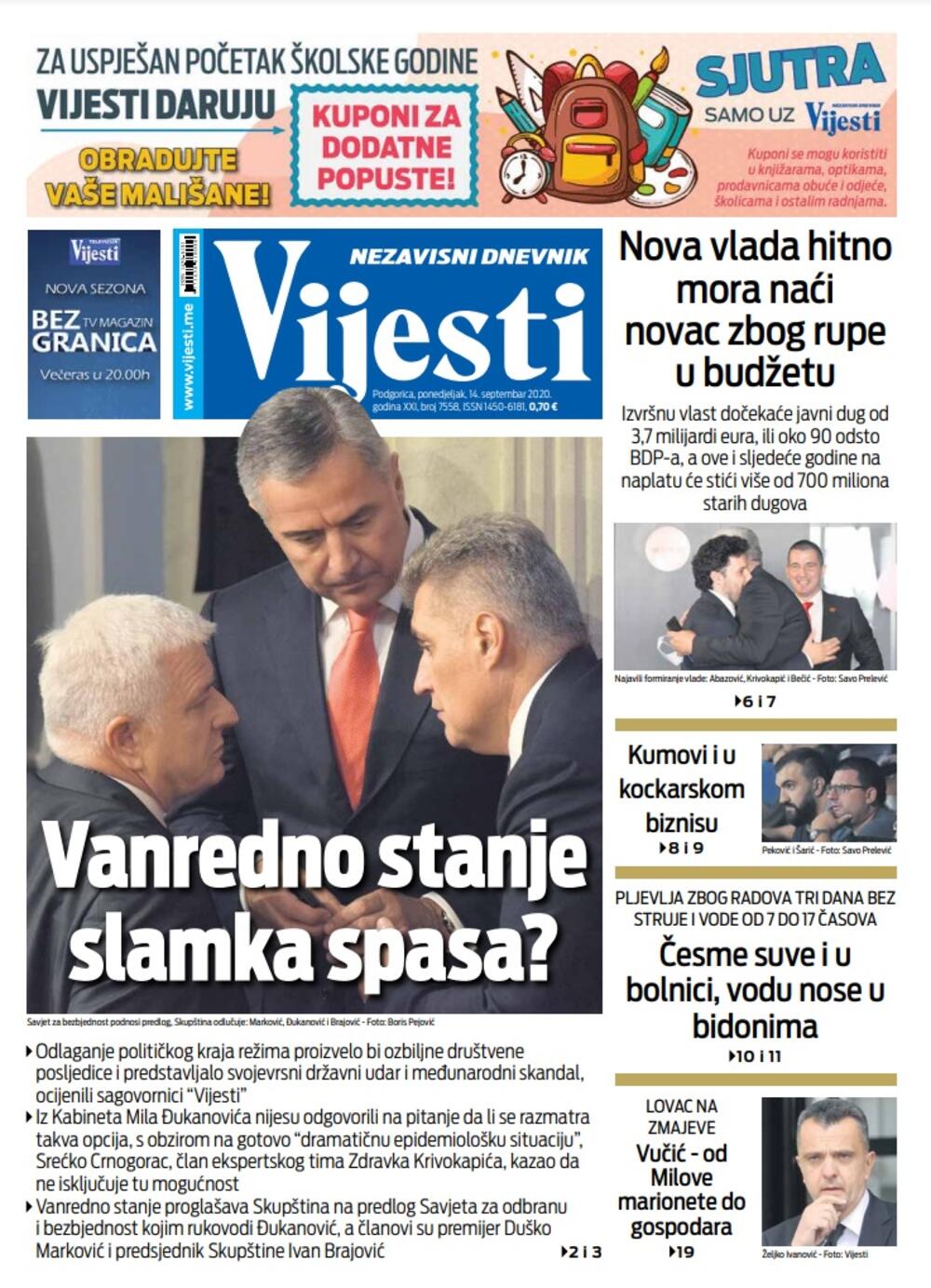 Naslovna strana "Vijesti" za 14. septembar 2020., Foto: Vijesti