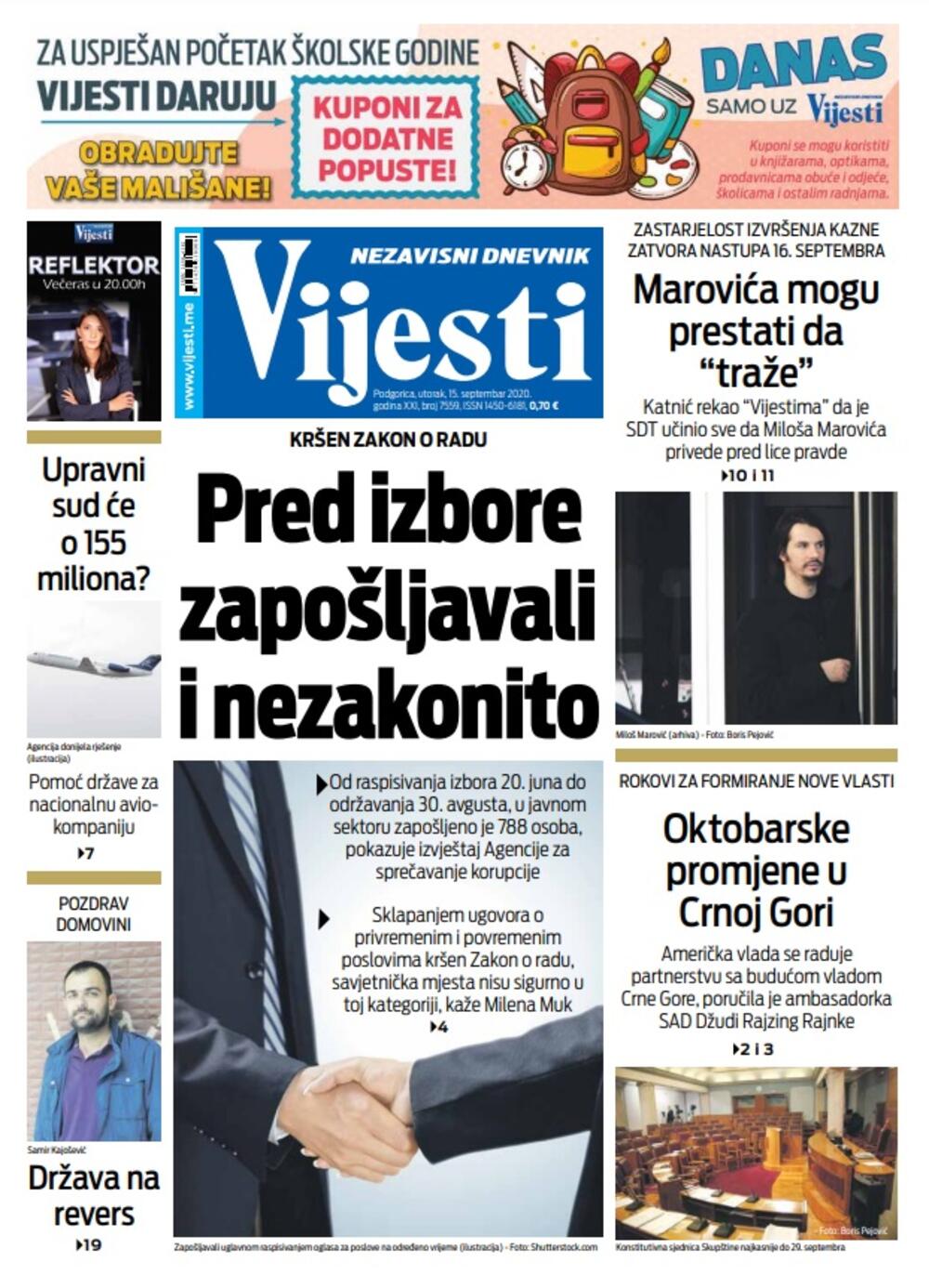 Naslovna strana "Vijesti" za utorak 15. septembar 2020. godine, Foto: Vijesti
