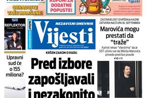 Naslovna strana "Vijesti" za utorak 15. septembar 2020. godine
