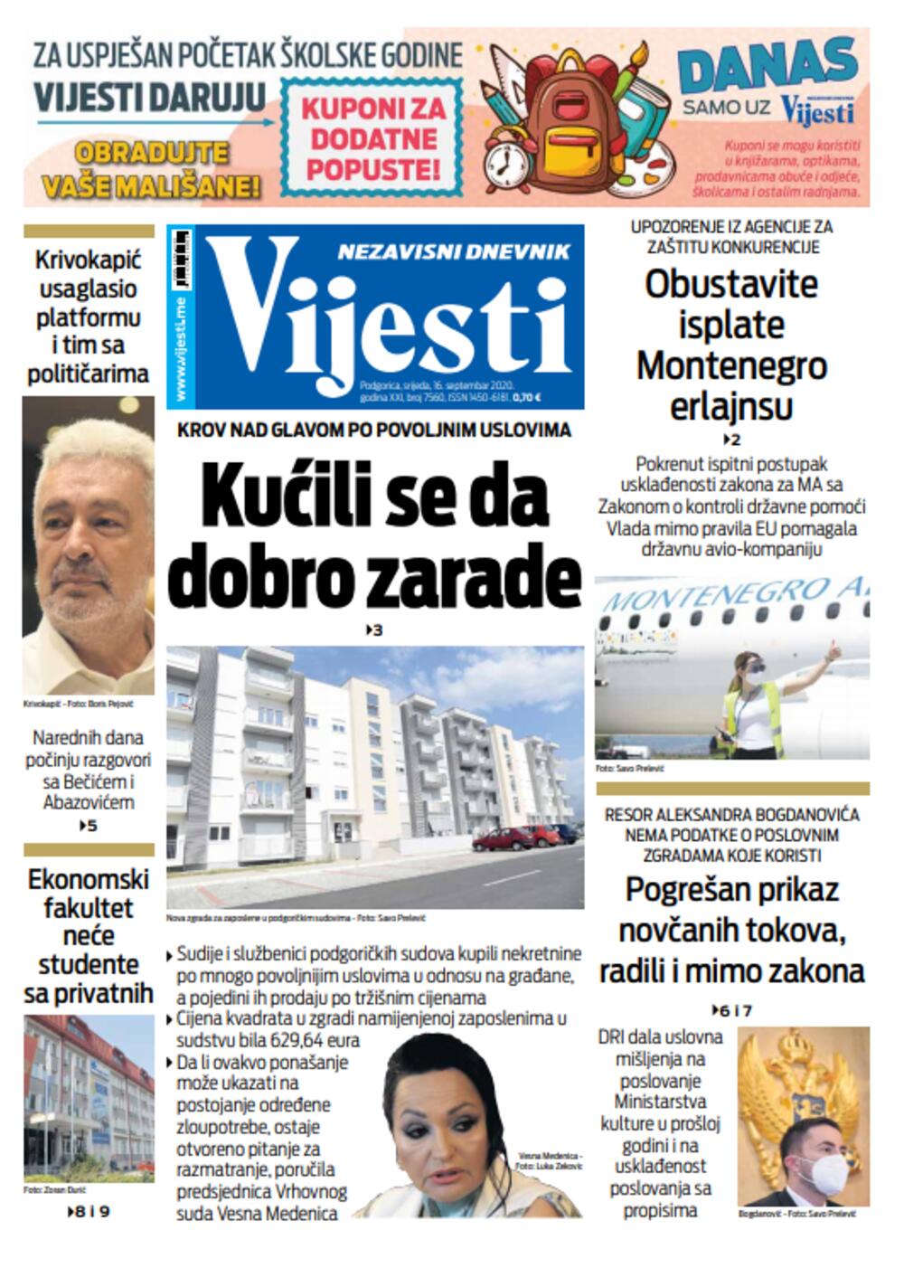Naslovna strana "Vijesti" za 16. septembar, Foto: Vijesti