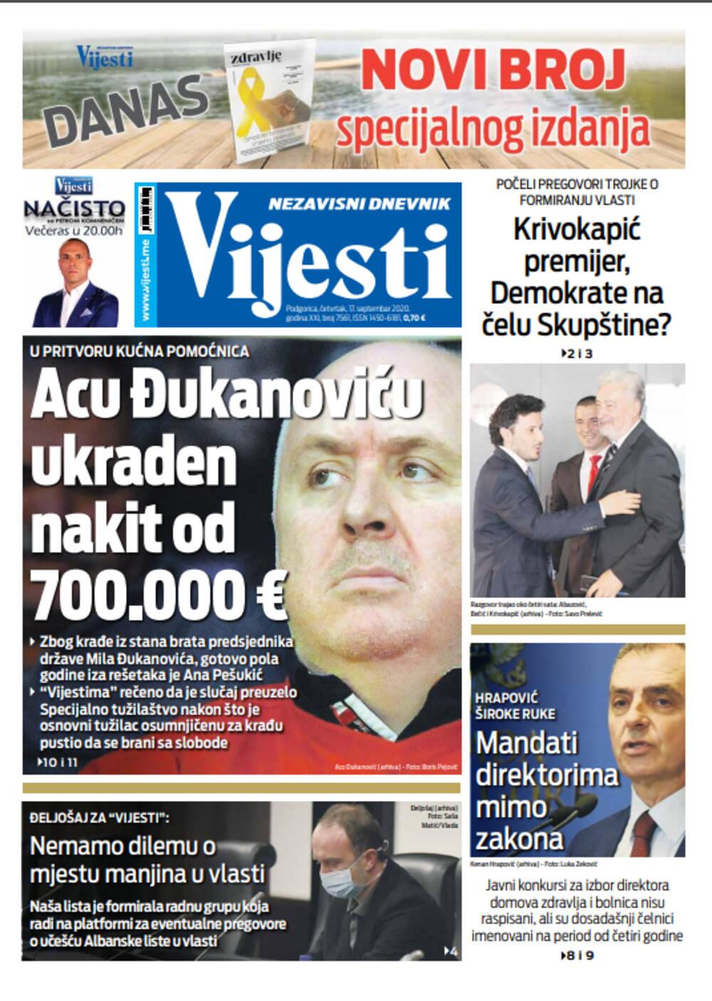 Naslovna strana "Vijesti" za 17. septembar, Foto: Vijesti