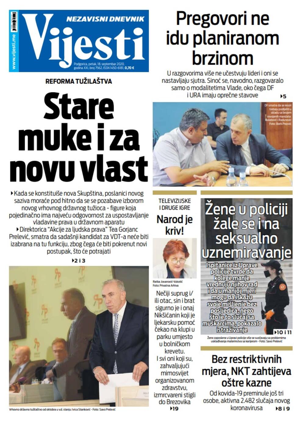 Naslovna strana "Vijesti" za 18. septembar 2020., Foto: Vijesti
