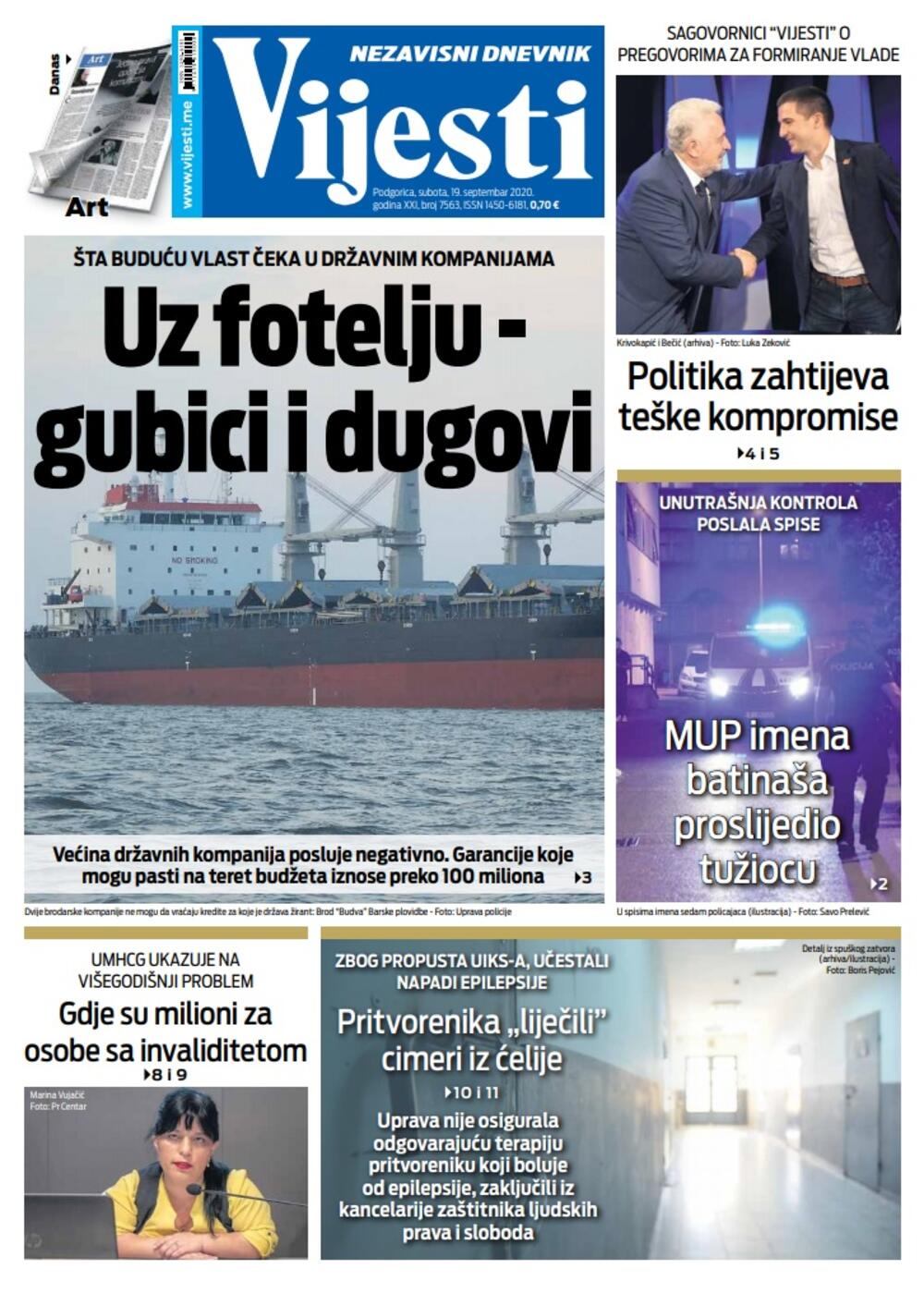 Naslovna strana "Vijesti" za 19. septembar 2020., Foto: Vijesti