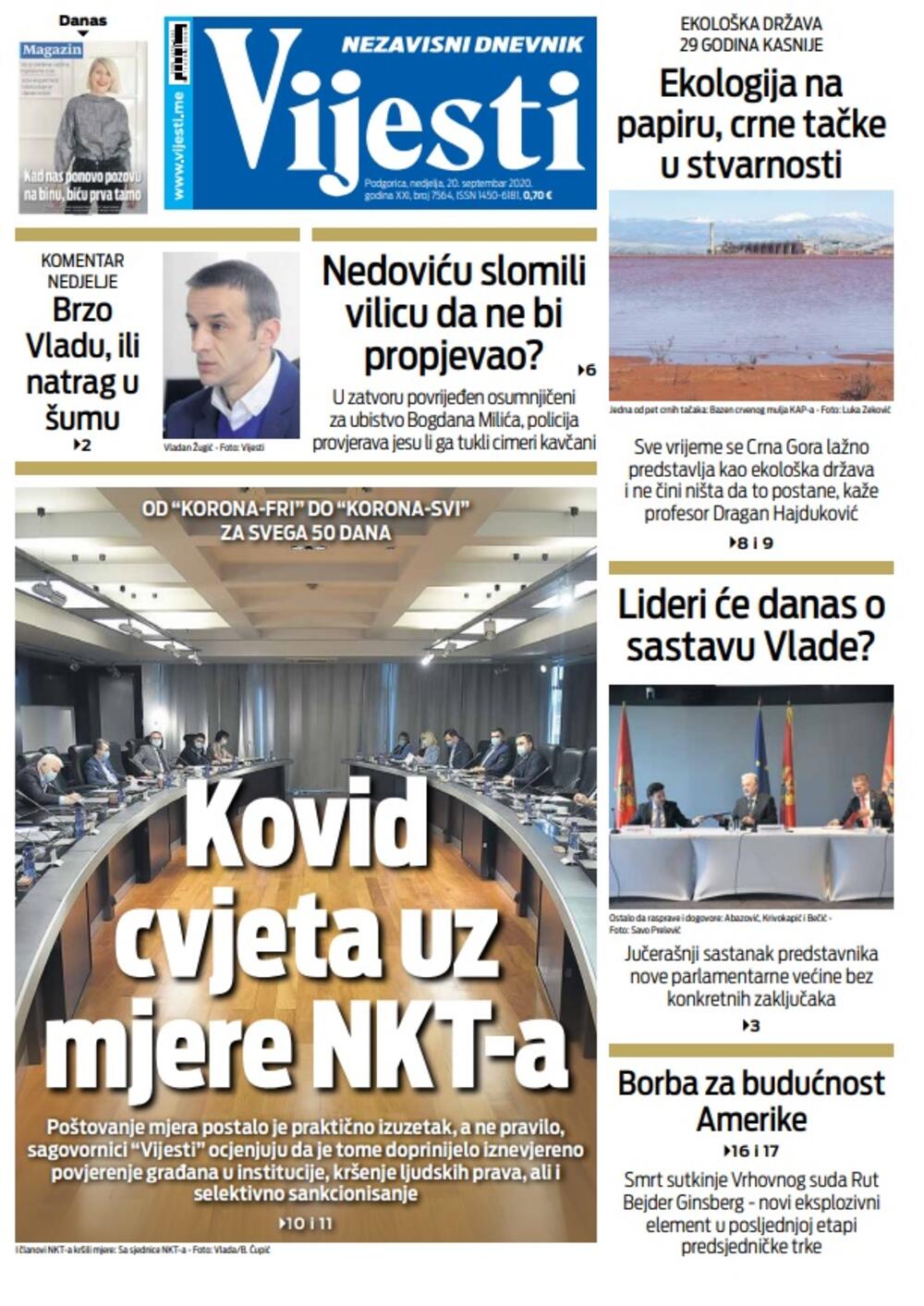 Naslovna strana "Vijesti" za nedjelju 20. septembar 2020. godine, Foto: Vijesti