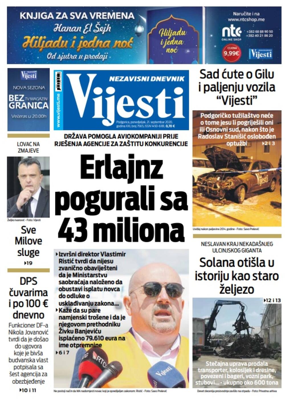 Naslovna strana "Vijesti" za ponedjeljak 21. septembar 2020. godine, Foto: Vijesti
