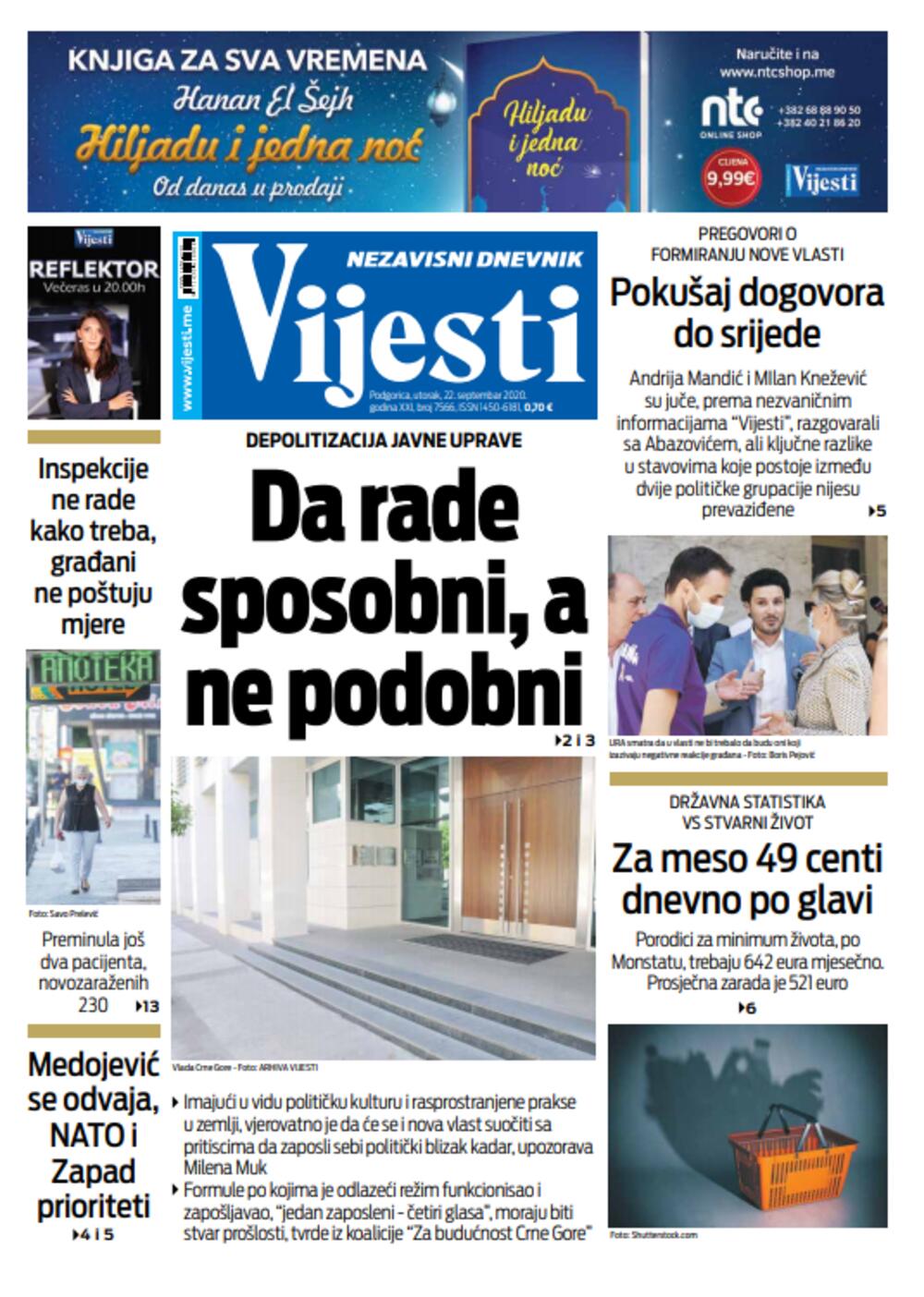 Naslovna strana "Vijesti" za 22. septembar, Foto: Vijesti