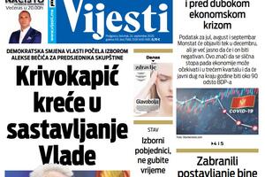 Naslovna strana "Vijesti" za četvrtak 24. septembar 2020. godine
