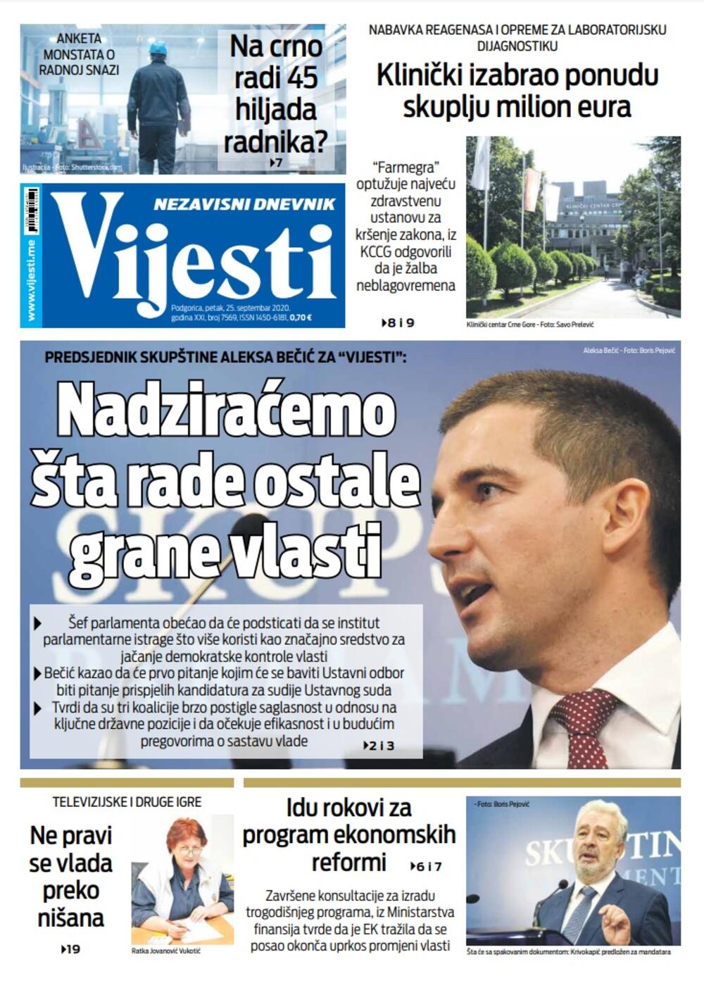 Naslovna strana "Vijesti" za 25. septembar, Foto: Vijesti