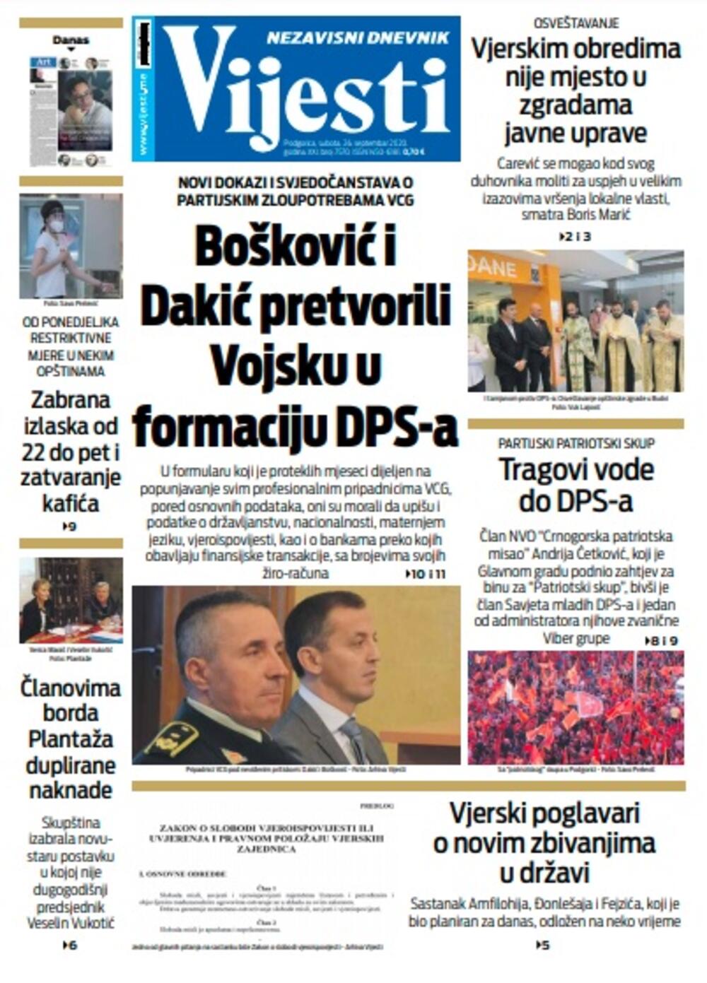 Naslovna strana "Vijesti" za subotu 26. septembar 2020. godine, Foto: Vijesti