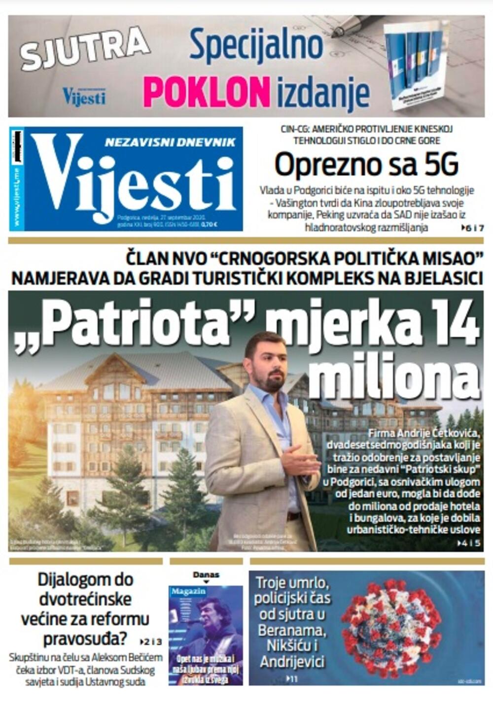 Naslovna strana "Vijesti" za nedjelju 27. septembar 2020. godine, Foto: Vijesti