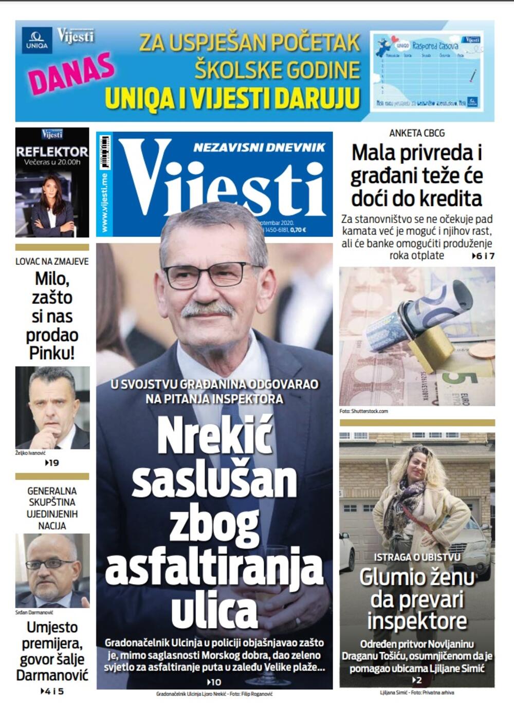 Naslovna strana "Vijesti" za 29. septembar 2020. godine, Foto: Vijesti