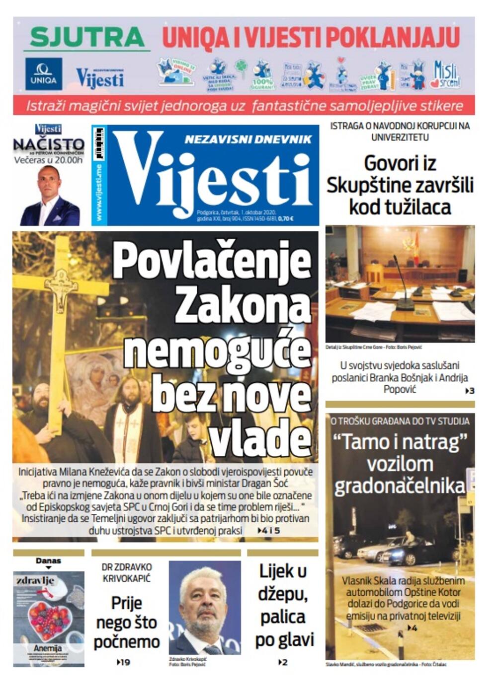 Naslovna strana "Vijesti" za 1. oktobar 2020., Foto: Vijesti
