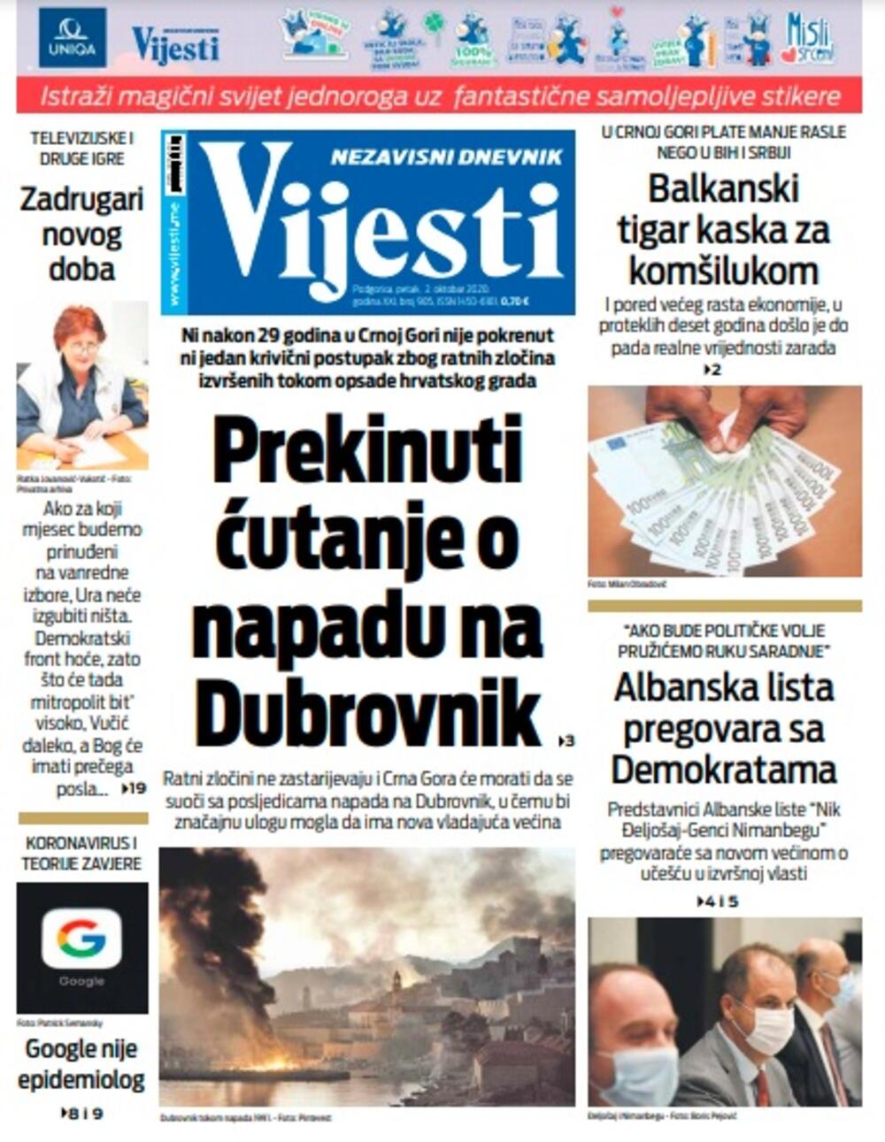 Naslovna strana "Vijesti" za petak 2. oktobar 2020. godine, Foto: Vijesti