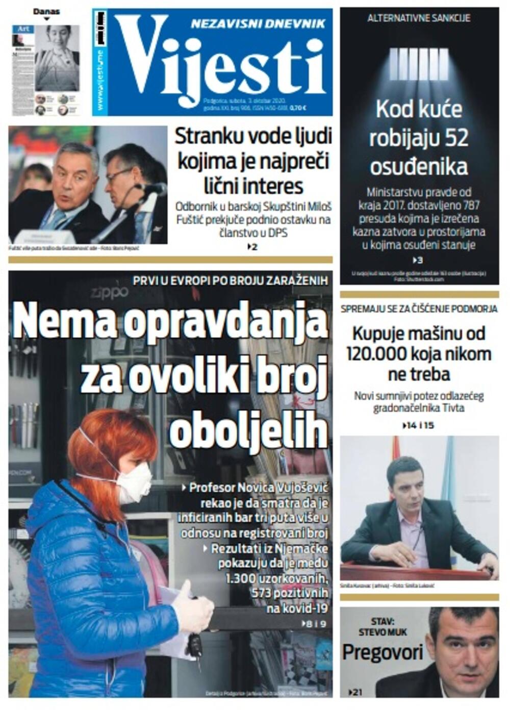 Naslovna strana "Vijesti" za subotu 3. oktobar 2020. godine, Foto: Vijesti