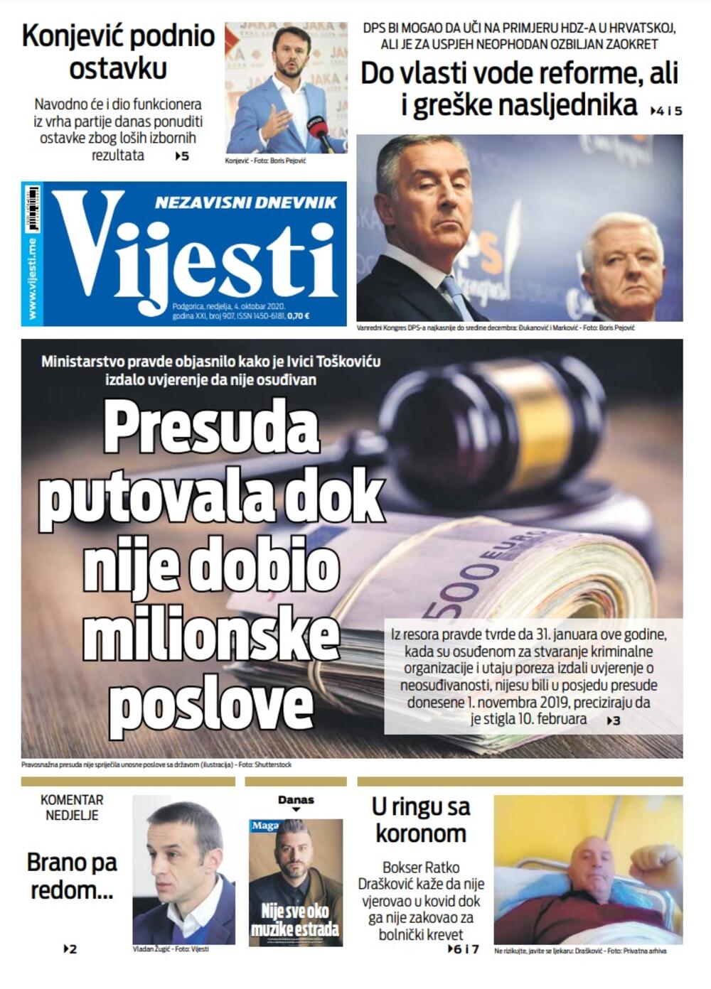 Naslovna strana "Vijesti" za 4. oktobar 2020., Foto: Vijesti