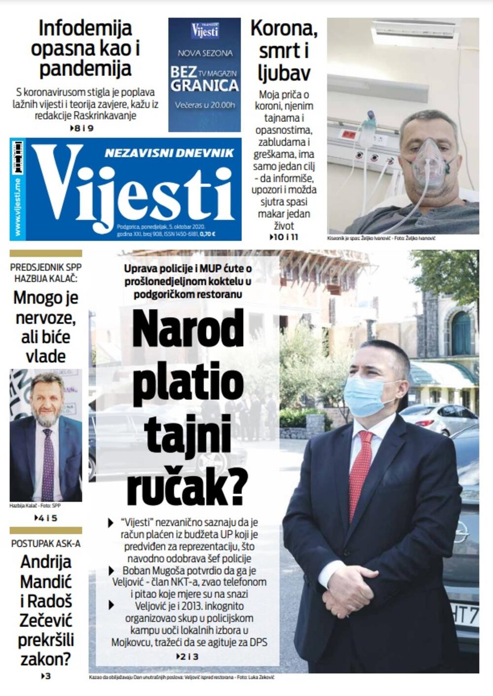 Naslovna strana "Vijesti" za ponedjeljak 5. oktobar 2020. godine, Foto: Vijesti