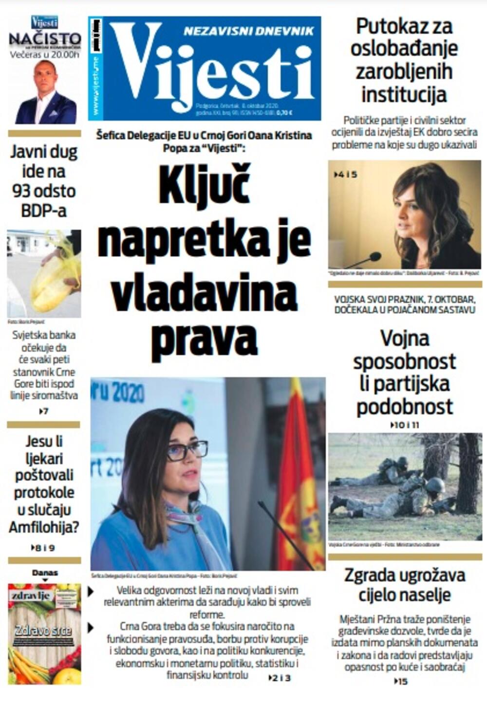 Naslovna strana "Vijesti" za četvrtak 8. oktobar 2020. godine, Foto: Vijesti