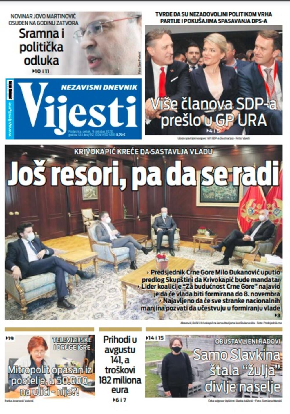 Naslovna strana "Vijesti" za petak 9. oktobar 2020. godine, Foto: Vijesti