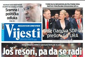 Naslovna strana "Vijesti" za petak 9. oktobar 2020. godine