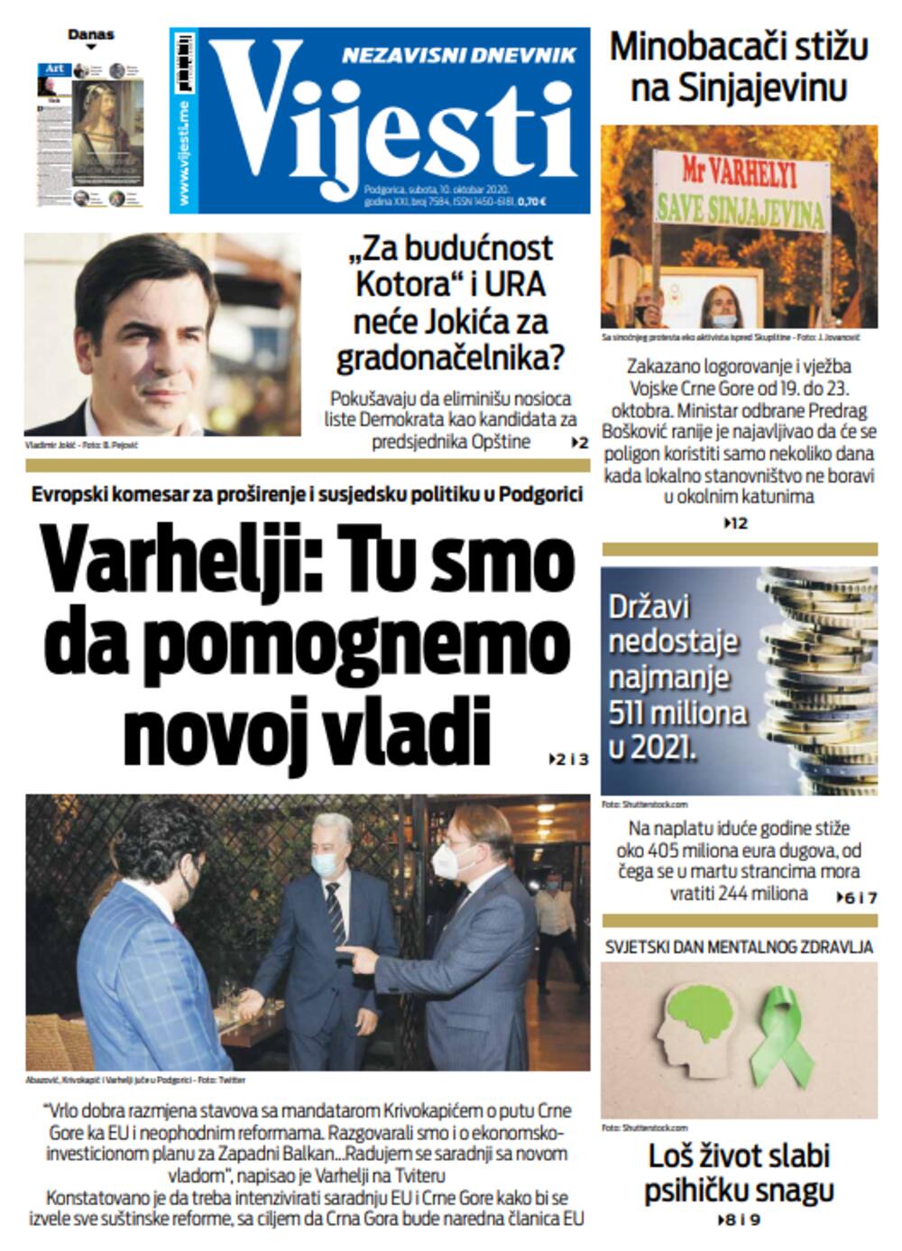 Naslovna strana "Vijesti" za  10. oktobar, Foto: Vijesti