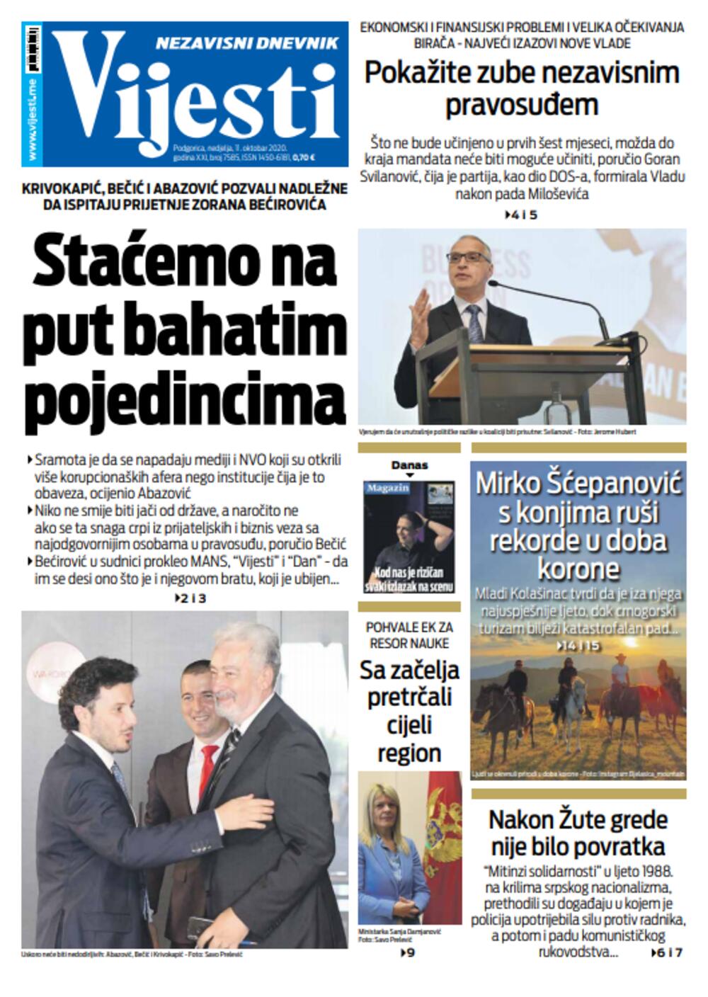 Naslovna strana "Vijesti" za 11. oktobar, Foto: Vijesti