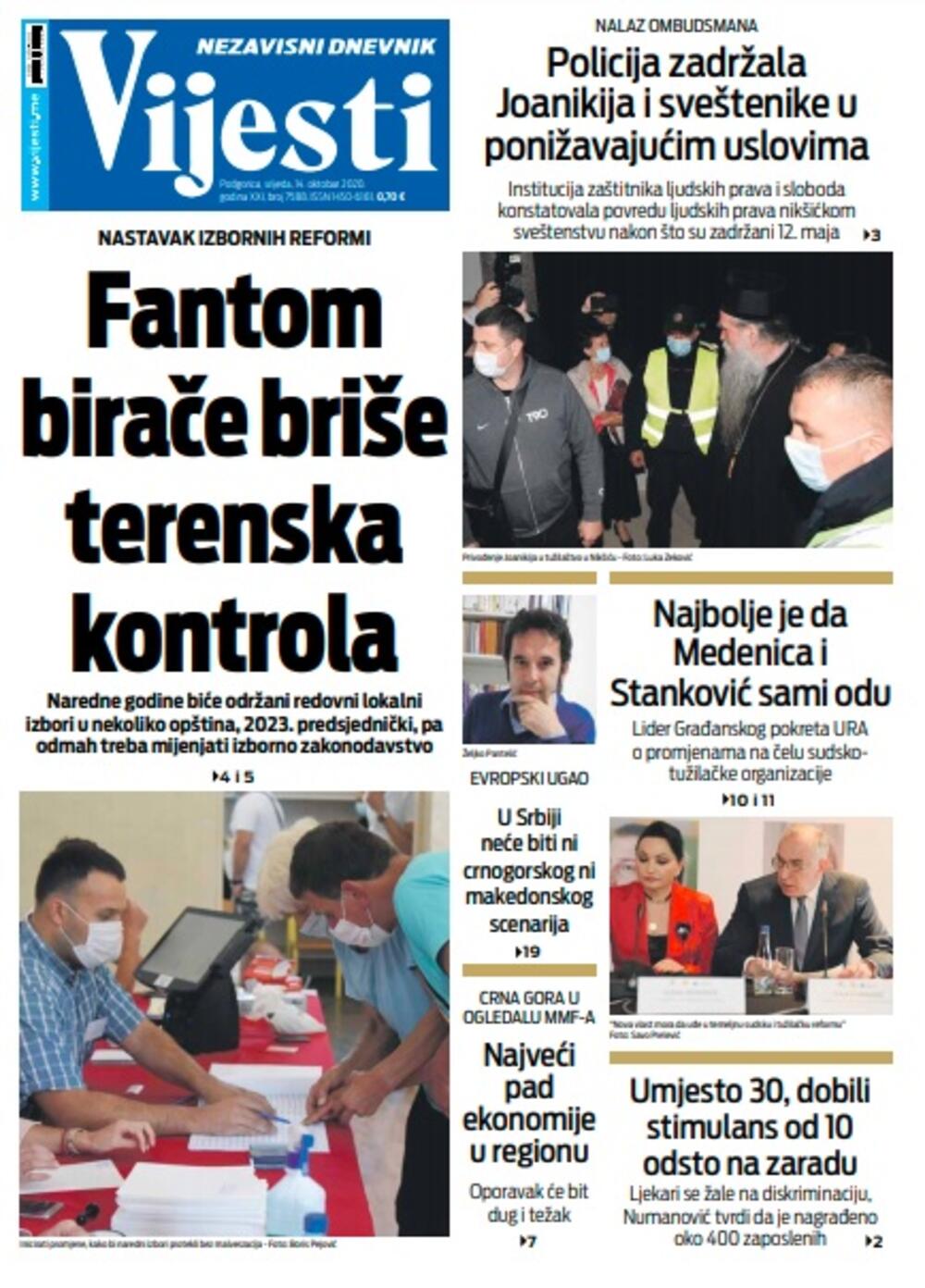 Naslovna strana "Vijesti" za srijedu 14. oktobar 2020. godine, Foto: Vijesti