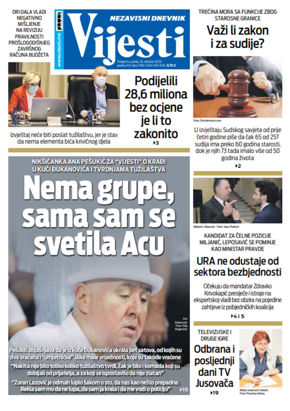 Naslovna strana "Vijesti" za 16. oktobar, Foto: Vijesti