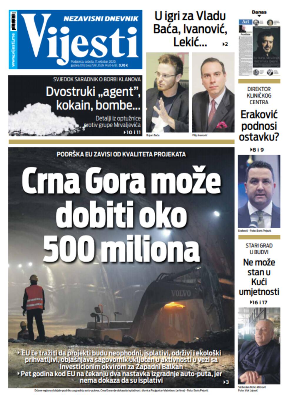 Naslovna strana "Vijesti" za 17. oktobar, Foto: Vijesti