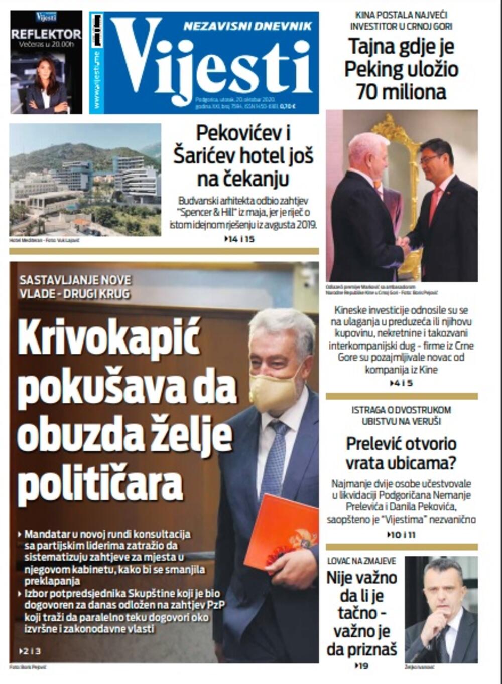 Naslovna strana "Vijesti" za utorak 20. oktobar 2020. godine, Foto: Vijesti