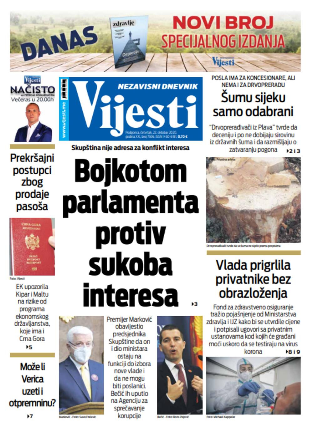 Naslovna strana "Vijesti" za 22. oktobar, Foto: Vijesti